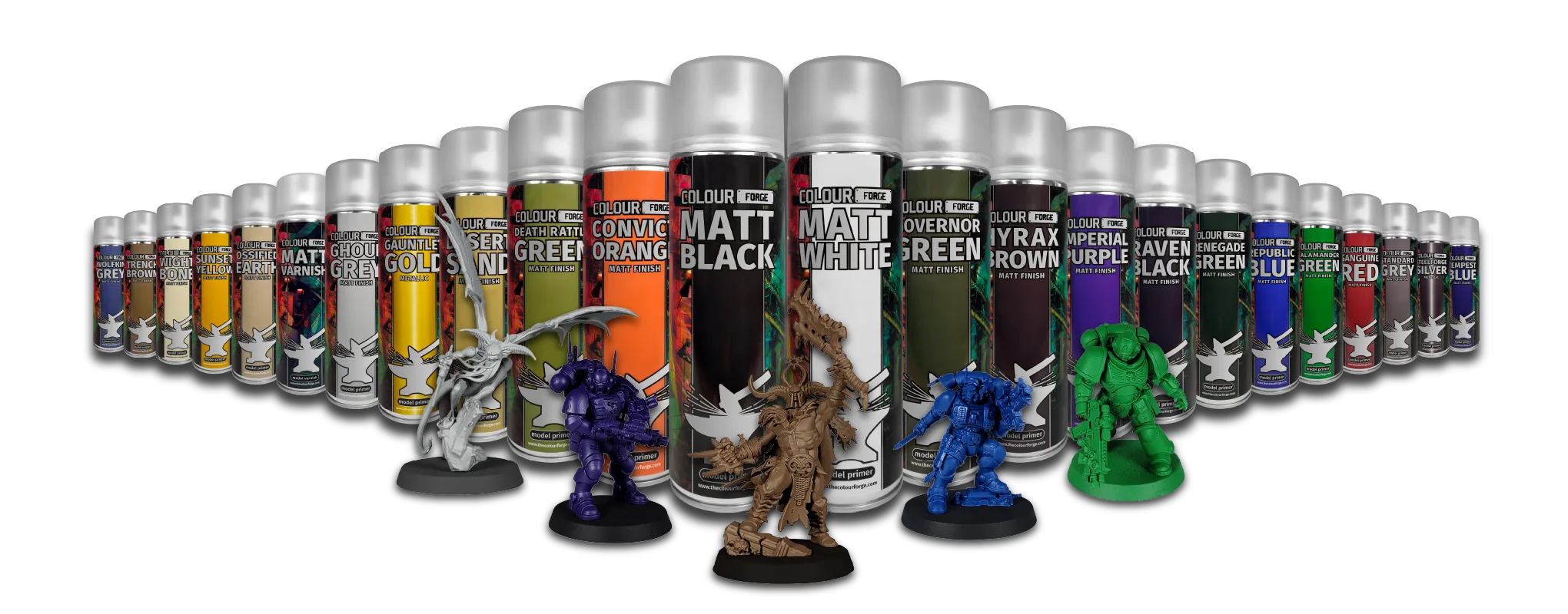 Colour Forge Core Range spray primers with painted miniatures