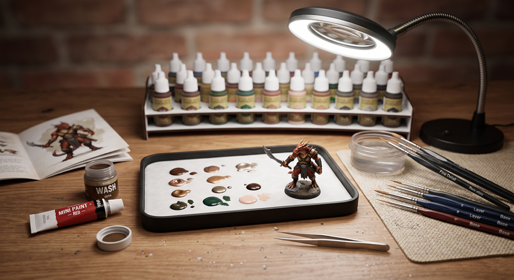 Miniature painting hobby workspace with painted D&D miniature