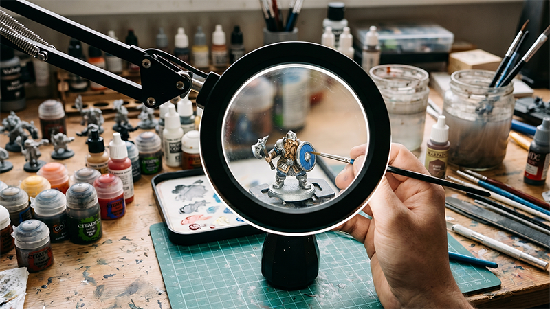 Magnifier lamp with daylight LED light illuminating a miniature on a painting desk