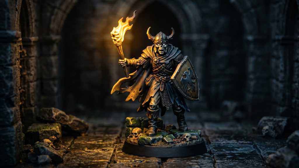 Painted skeleton warrior miniature holding a torch with OSL glow effect, standing in a gothic dungeon