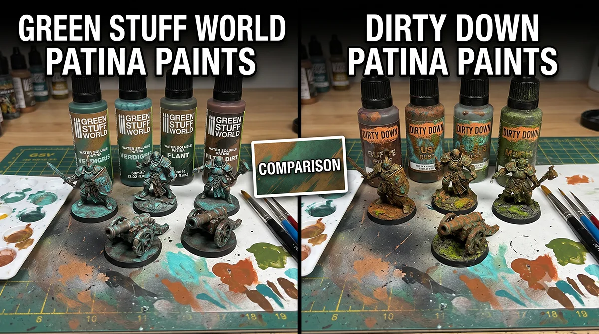 Green Stuff World vs Dirty Down patina paints compared for D&D miniature painters