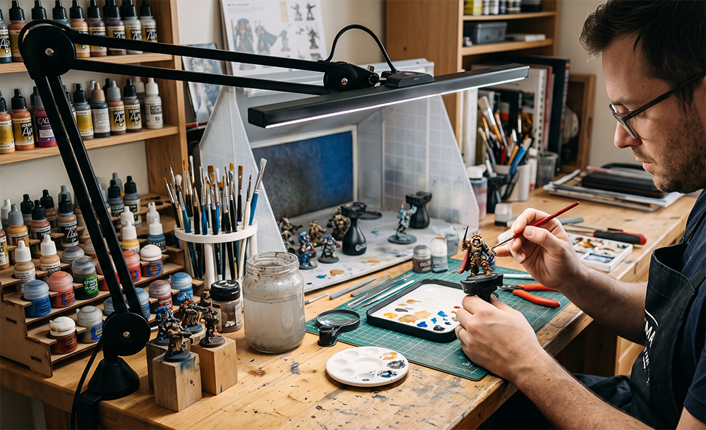 miniature painting lighting setup with a daylight lamp